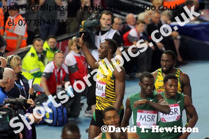 Usain Bold (Jamaica) after running in the 4 x 100 metres heats at the Commonwealth Games, Glasgow. Photo: David T. Hewitson/Sports for All Pics